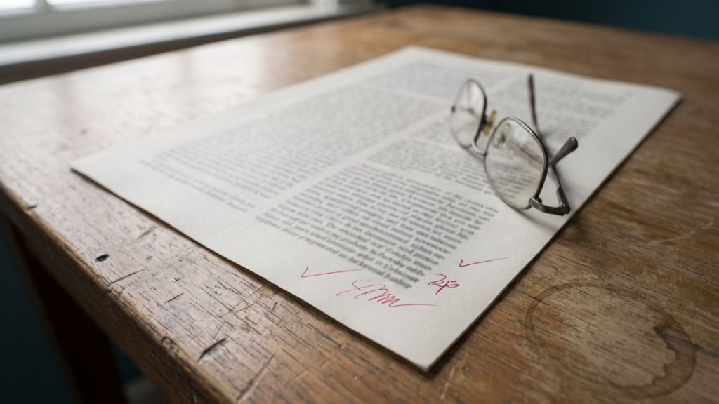 Hand reviewing printed page, human in the loop AI content review